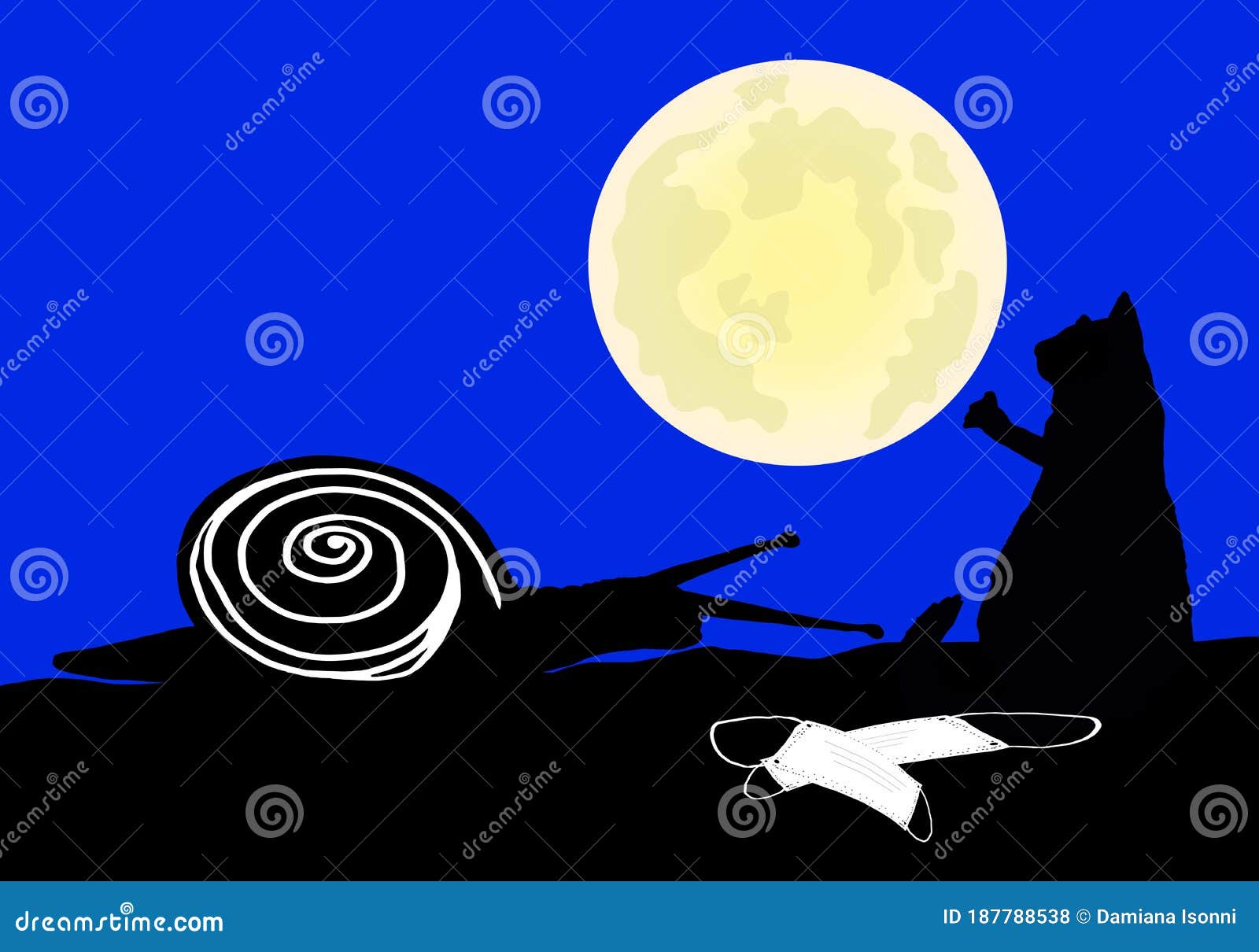 snail and cat with masks on the ground with moon
