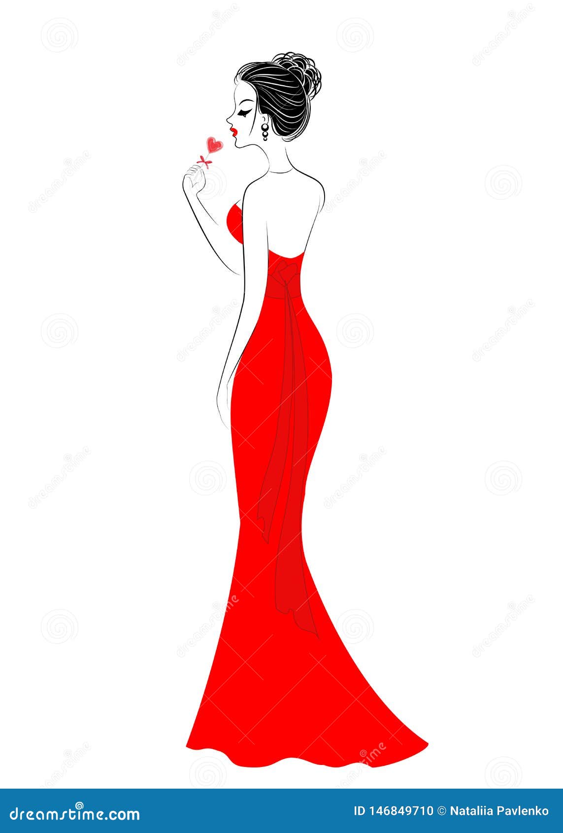 Silhouette of a Sweet Lady in a Red Dress. a Girl is Eating Candy
