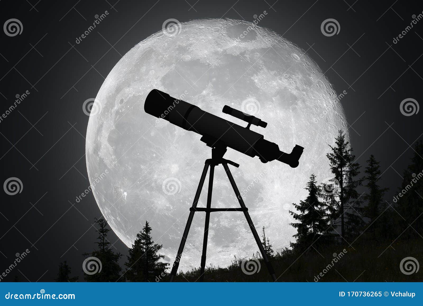 silhouette of telescope and big moon in background. astronomy and exploration of universe concept.
