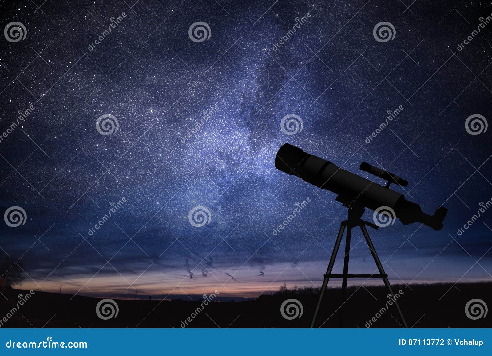 silhouette of telescope and starry night sky in background. astronomy and stars observing.