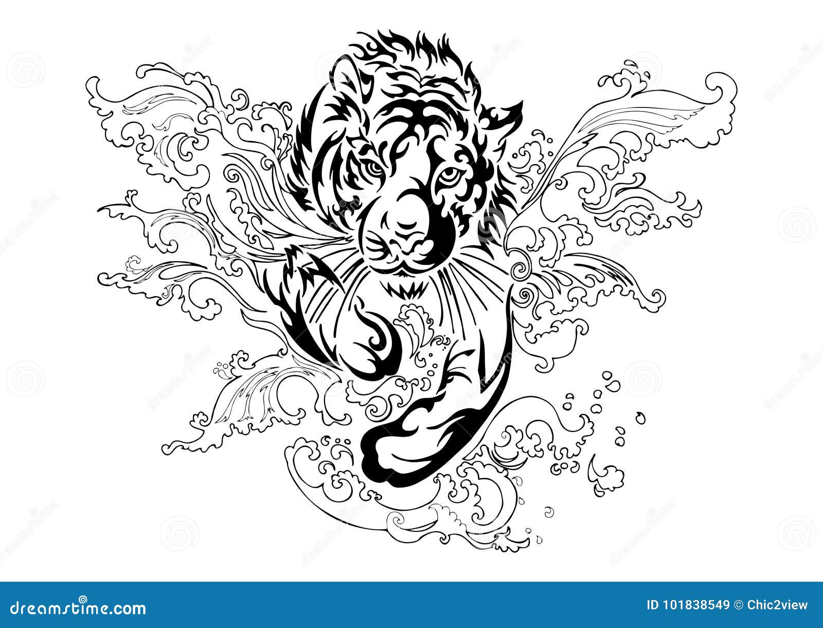 Silhouette Tiger Run and Jump in Splash River with Oriental Ornament Tribal  Ink Drawing Tattoo Stock Illustration - Illustration of predator, danger:  101838549