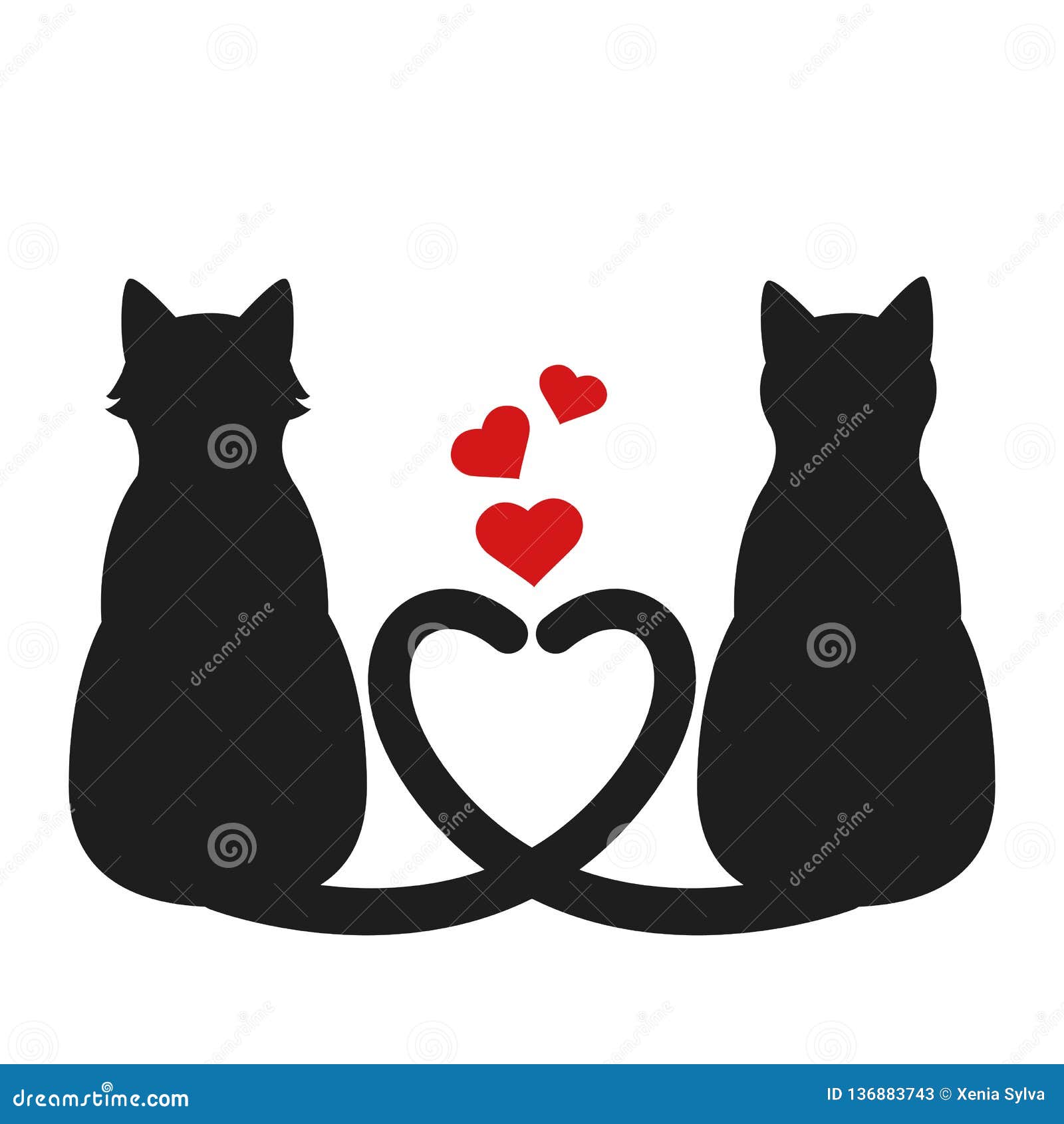 Silhouette Of Two Cats With Heart Tails Stock Vector Illustration Of Decoration Kittens 136883743