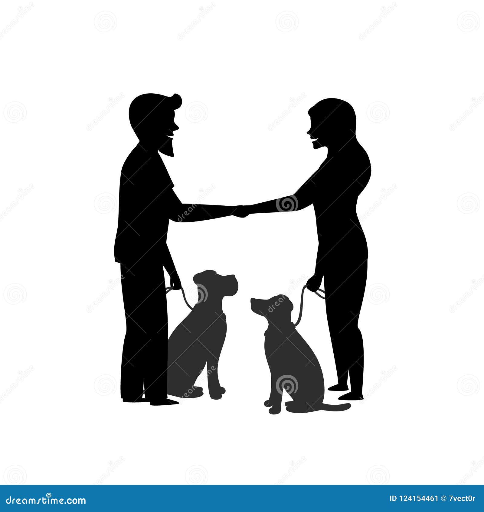 silhouette of two dog owners training their pets to sit close behave when meeting greeting each other