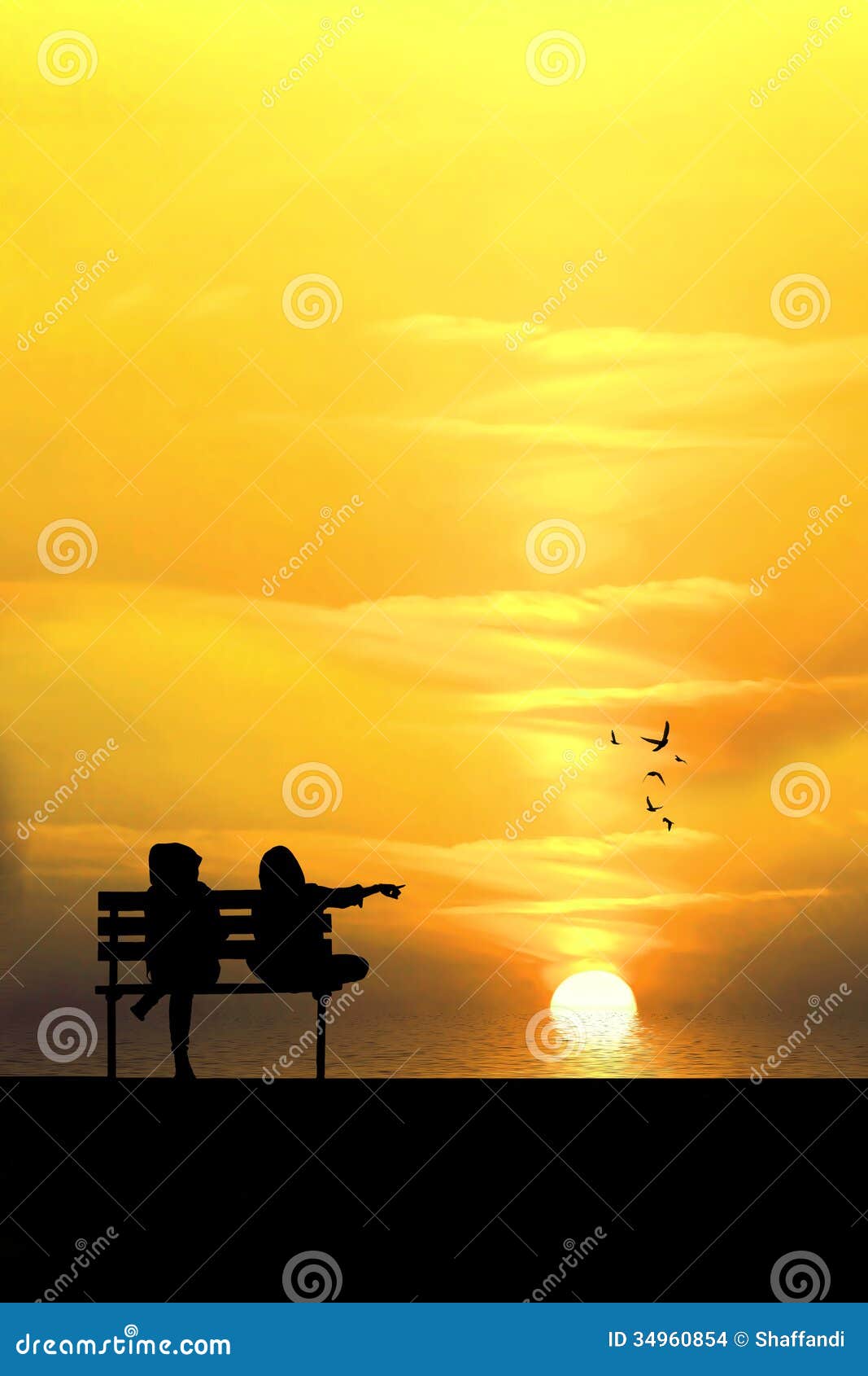 Silhouette Of Two Friends Sitting On Wood Bench Near Beach 