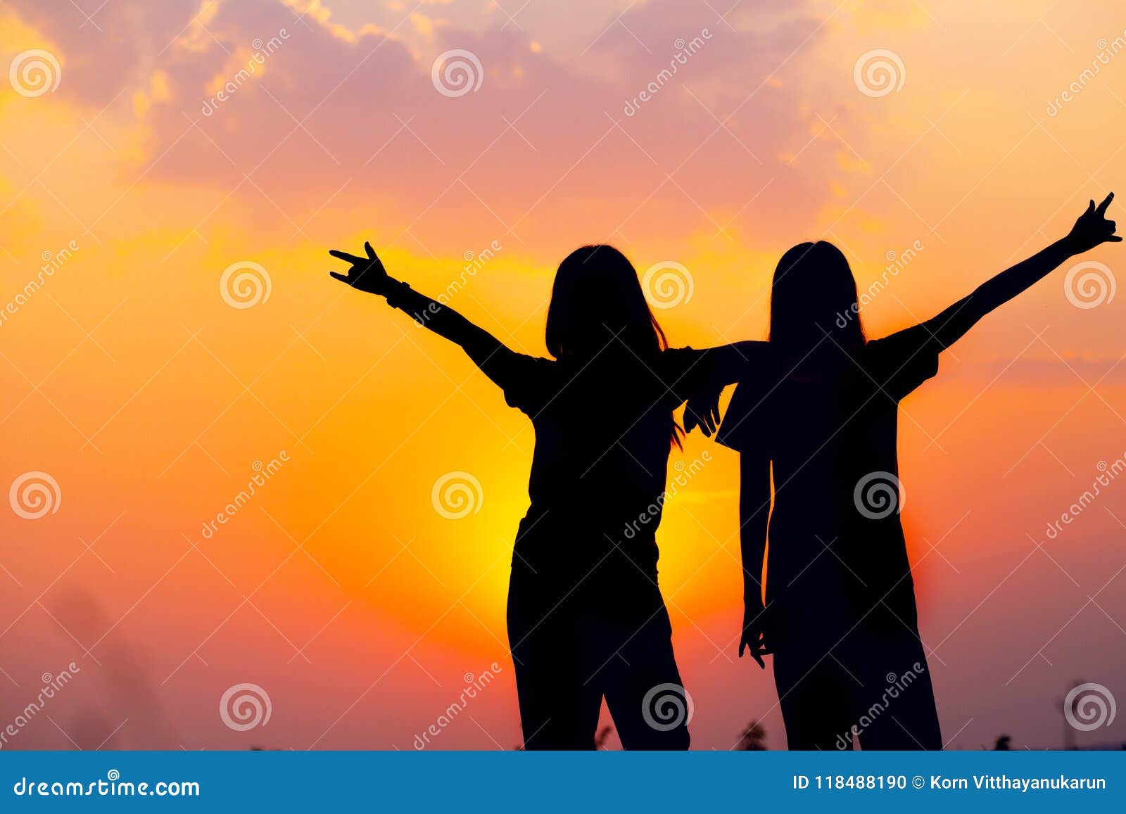 Silhouette of Two Girls Friend Happy Friendship Sunset View Stock ...