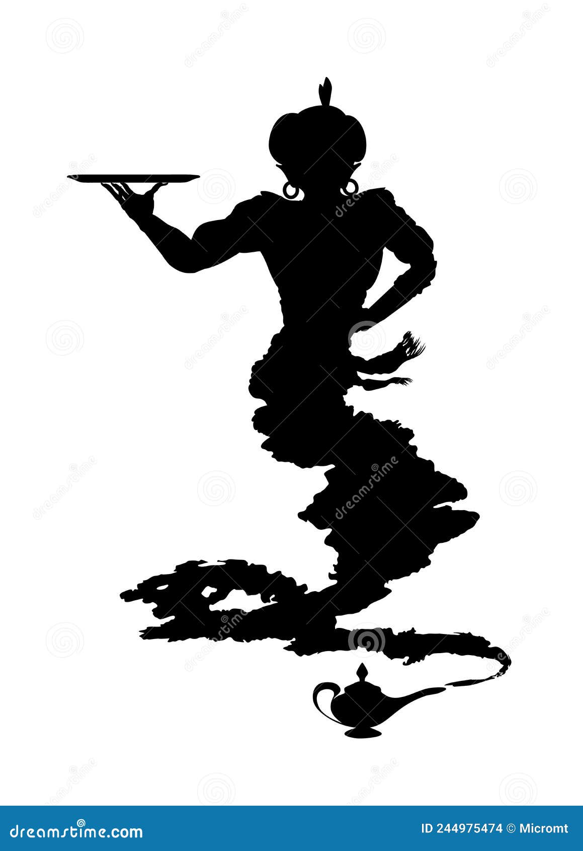 silhouette waiter arabic genie, . jinn lamp character in helpful garcon pose. 