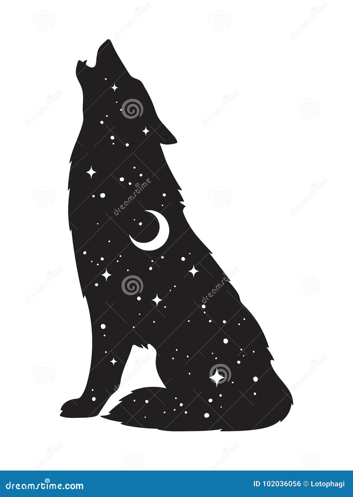 Silhouette of Wolf with Crescent Moon and Stars Isolated. Sticker, Black Work, Print or Flash Tattoo Design Vector Illustration Stock Vector - Illustration of moon, flash: 102036056
