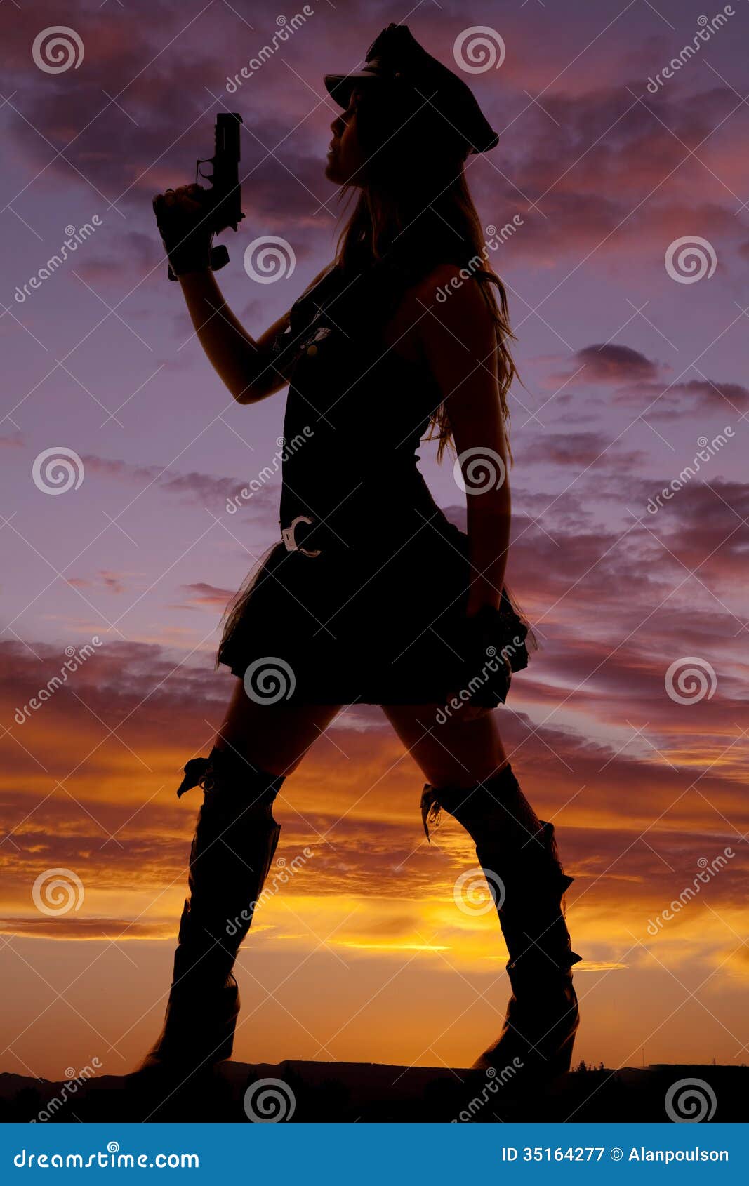 Silhouette Of A Woman Cop Gun Up Royalty Free Stock 