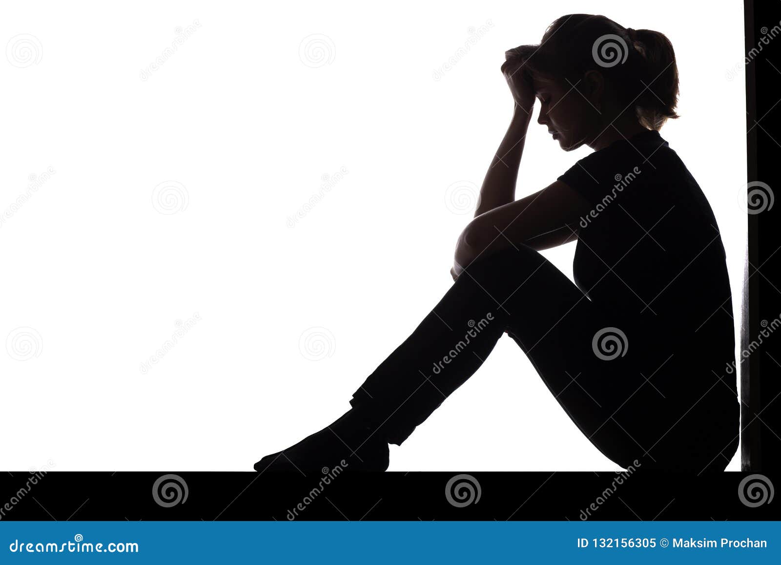 Sad Silhuette Of A Girl, Profile Photo Stock Photo, Picture and