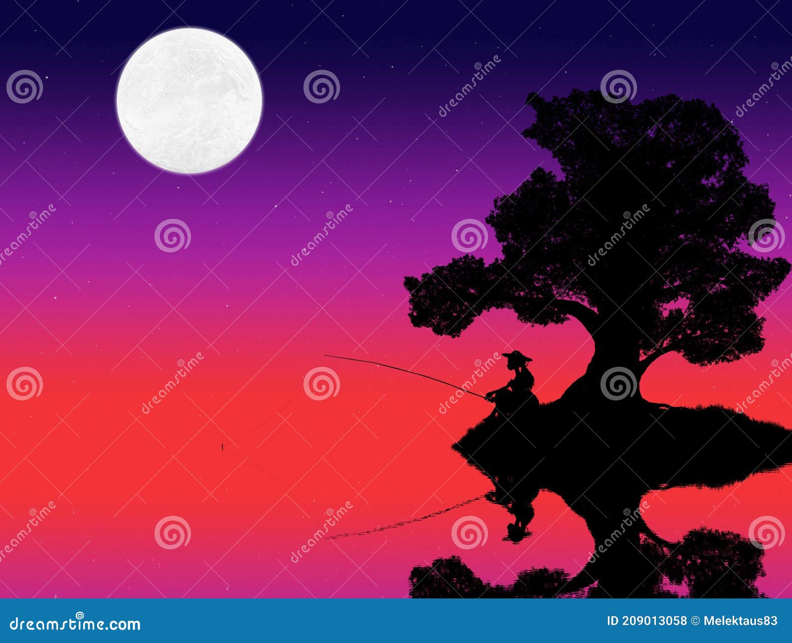Silhouette of a Woman Sitting Under a Tree and Fishing in the Lake