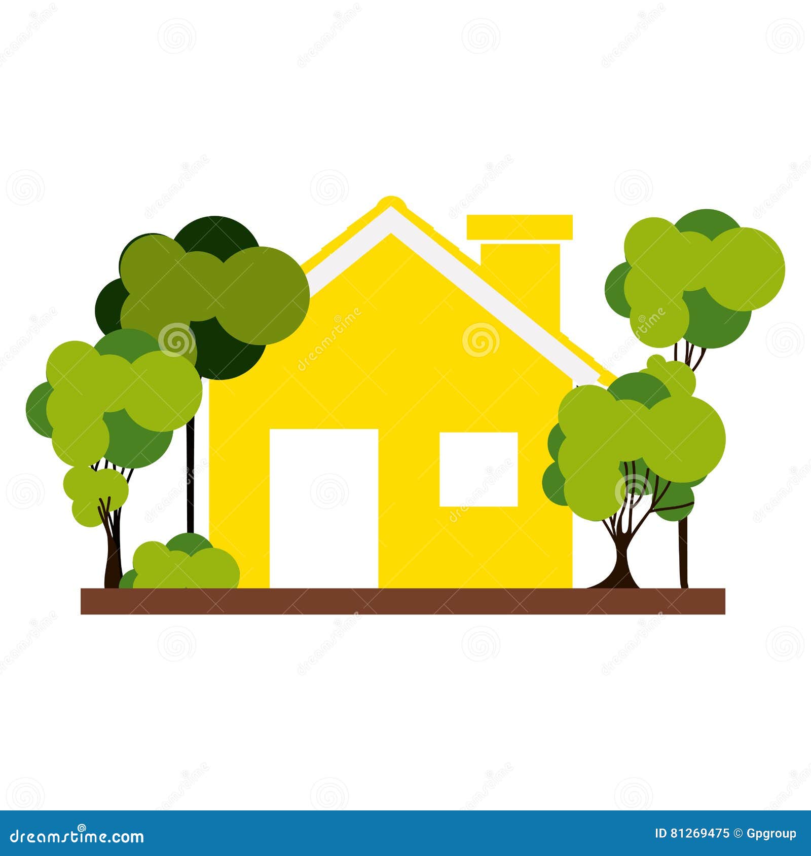 Silhouette with Yellow House and Trees on the Sidewalk Stock Vector