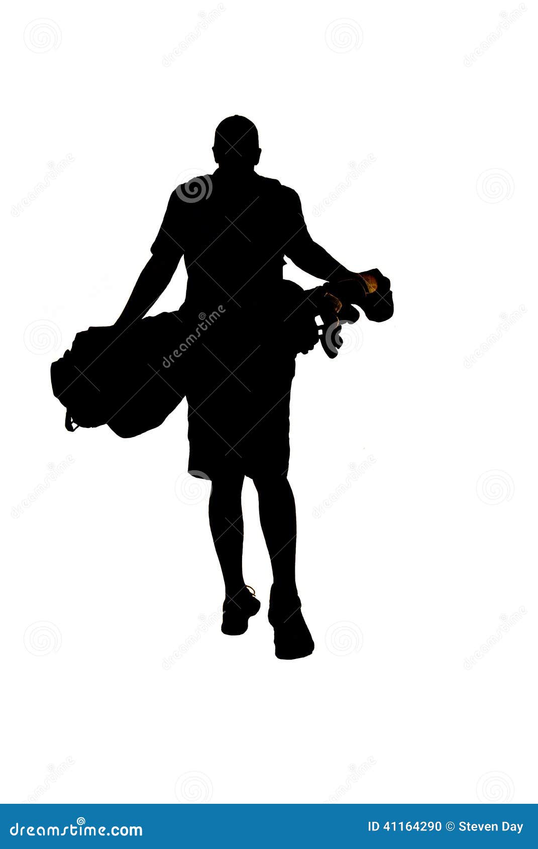 Silhouette of Young Golfer Walking Away with Golf Bag Stock Photo