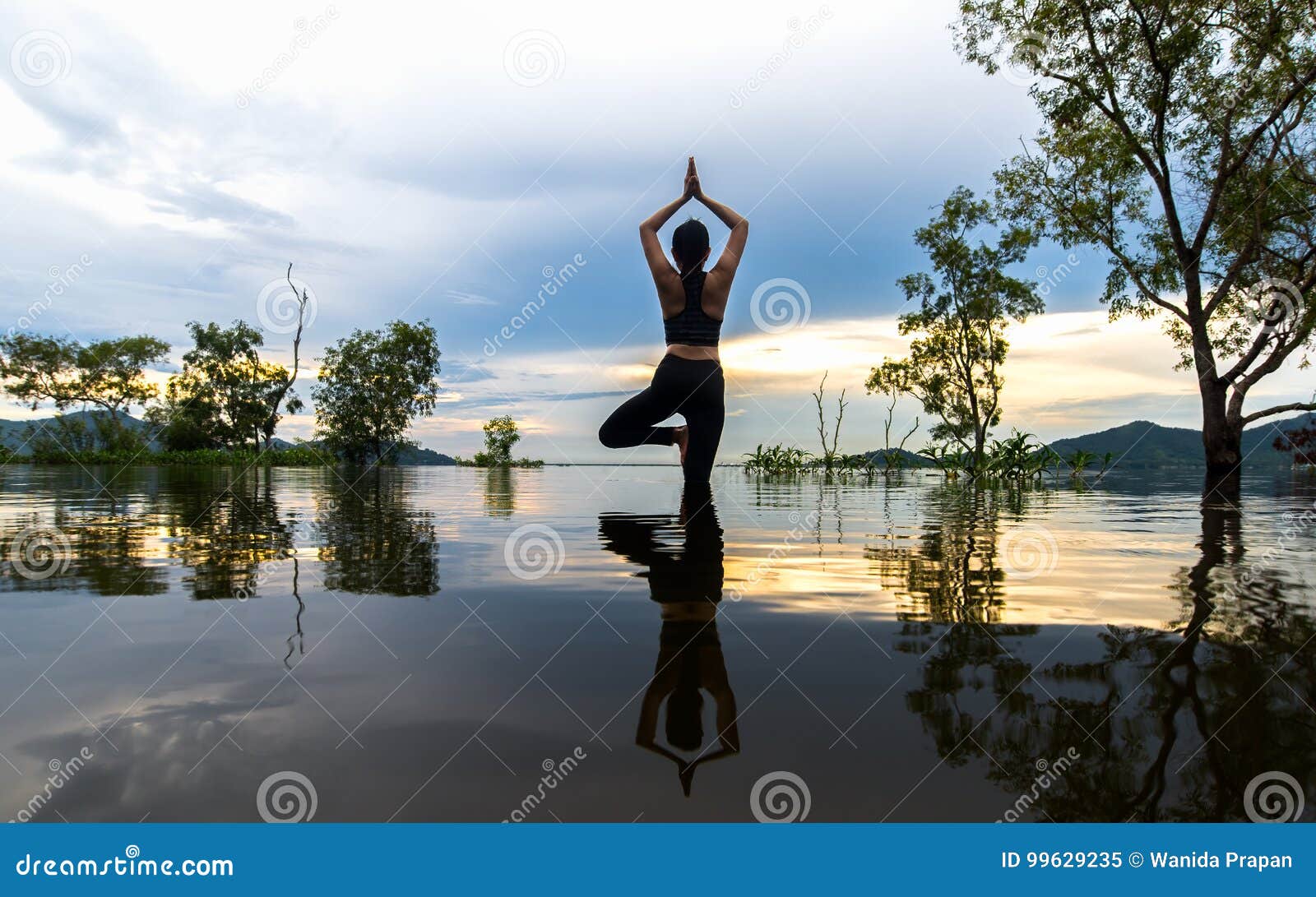 silhouette young woman lifestyle exercising vital meditate and practicing reflect on flood the trees in the reservoir, background