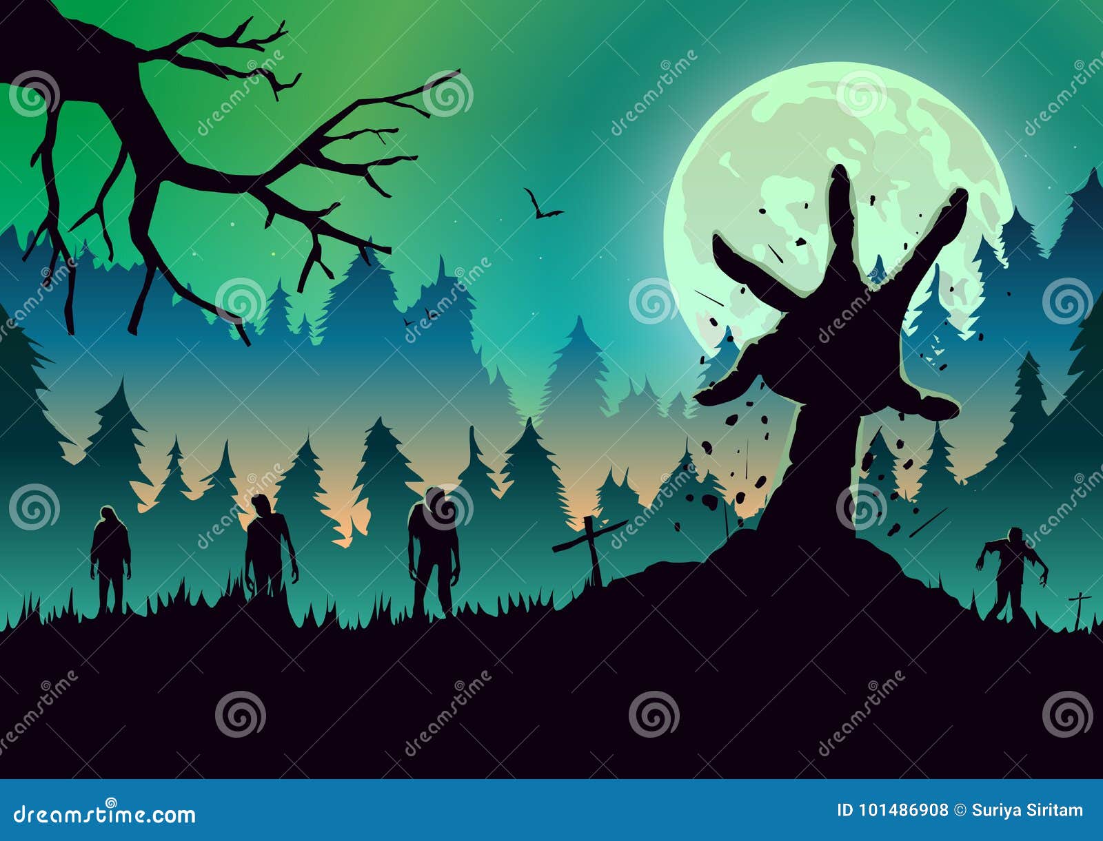 Silhouette Zombie Arm Out from Ground in a Full Moon Night. Stock ...