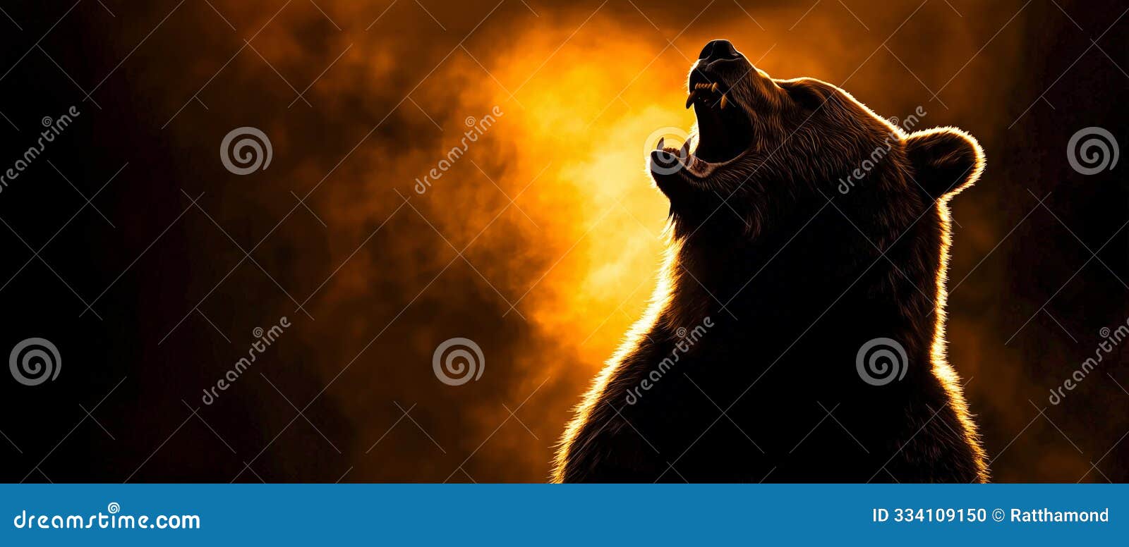 a silhouetted bear roars against a fiery sunset, its teeth bared in a powerful display