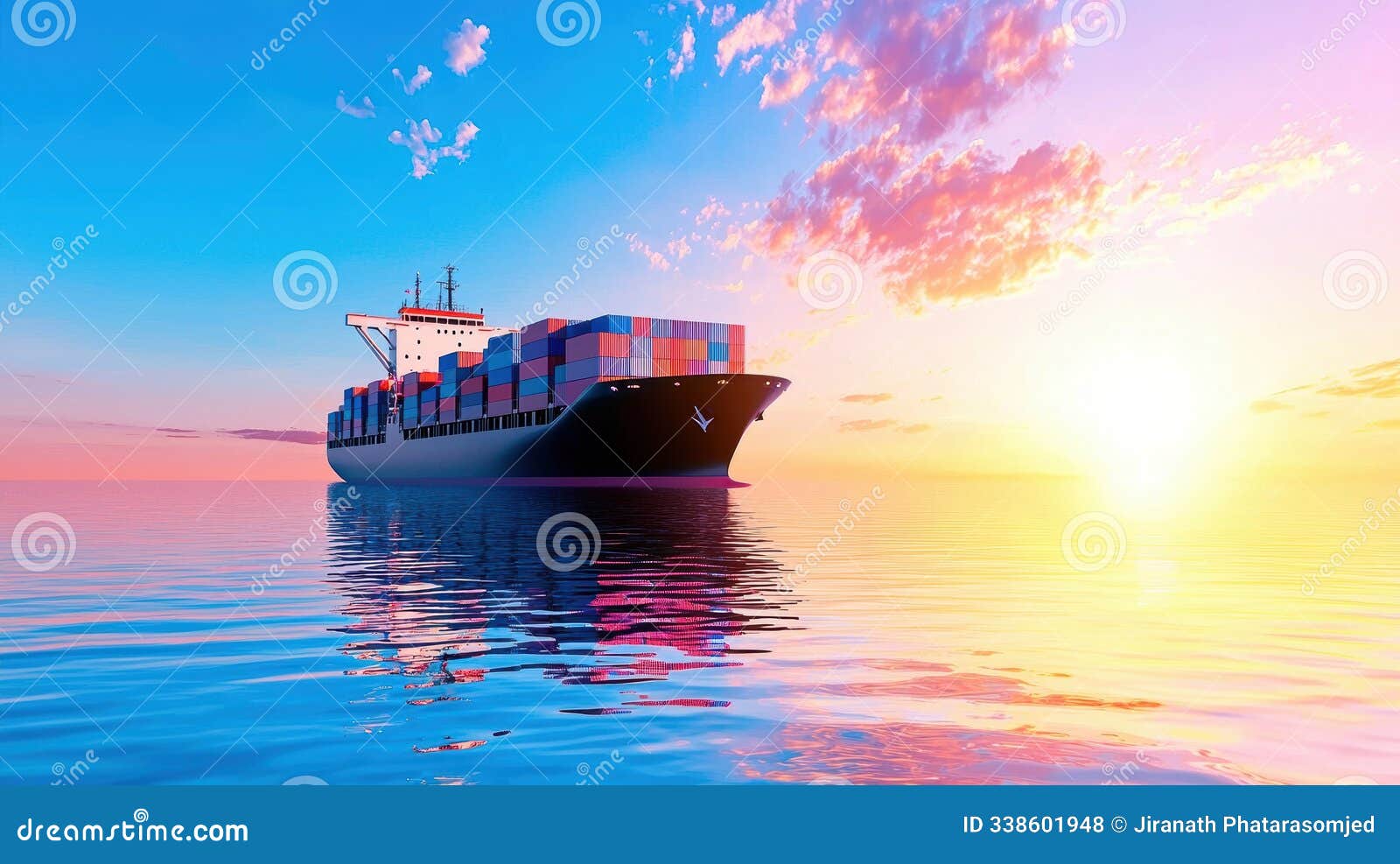 silhouetted cargo ship on the high seas at sunset