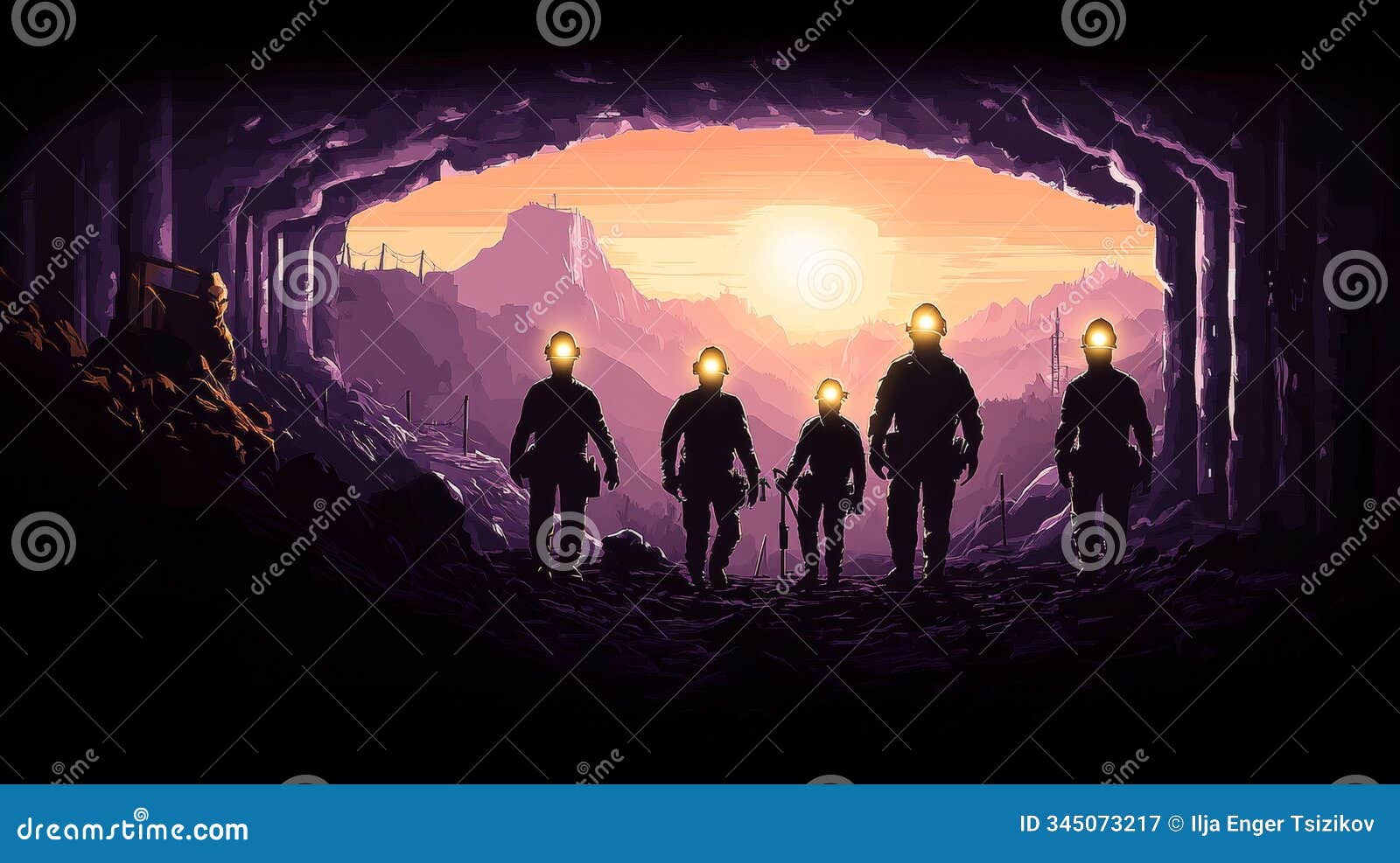 silhouetted miners with headlamps exiting underground tunnel at sunset, concept of hope, banner