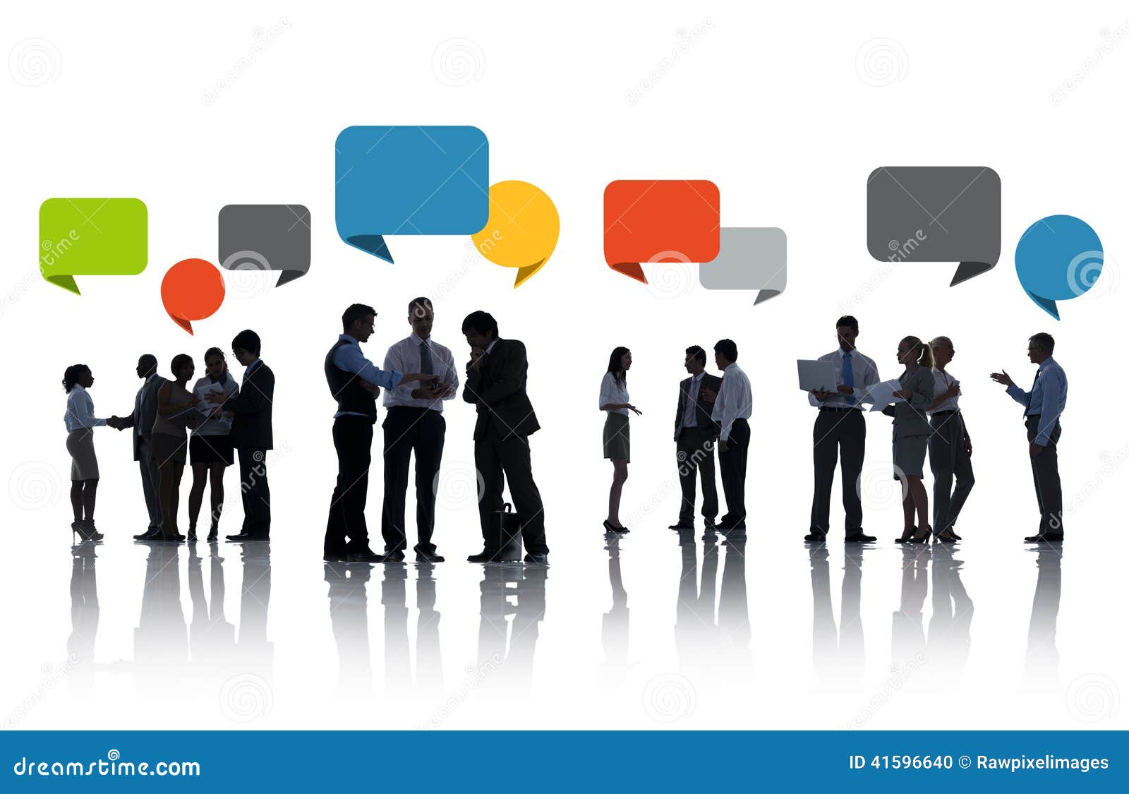 silhouettes of business people discussing with speech bubbles