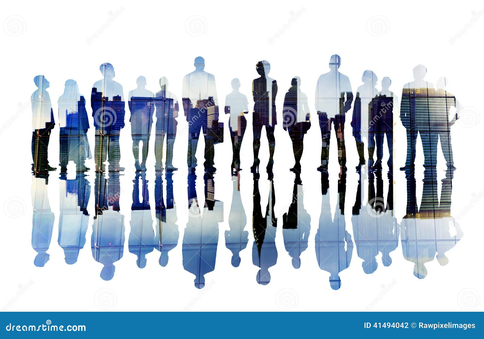 silhouettes of business people overlayed with cityscape