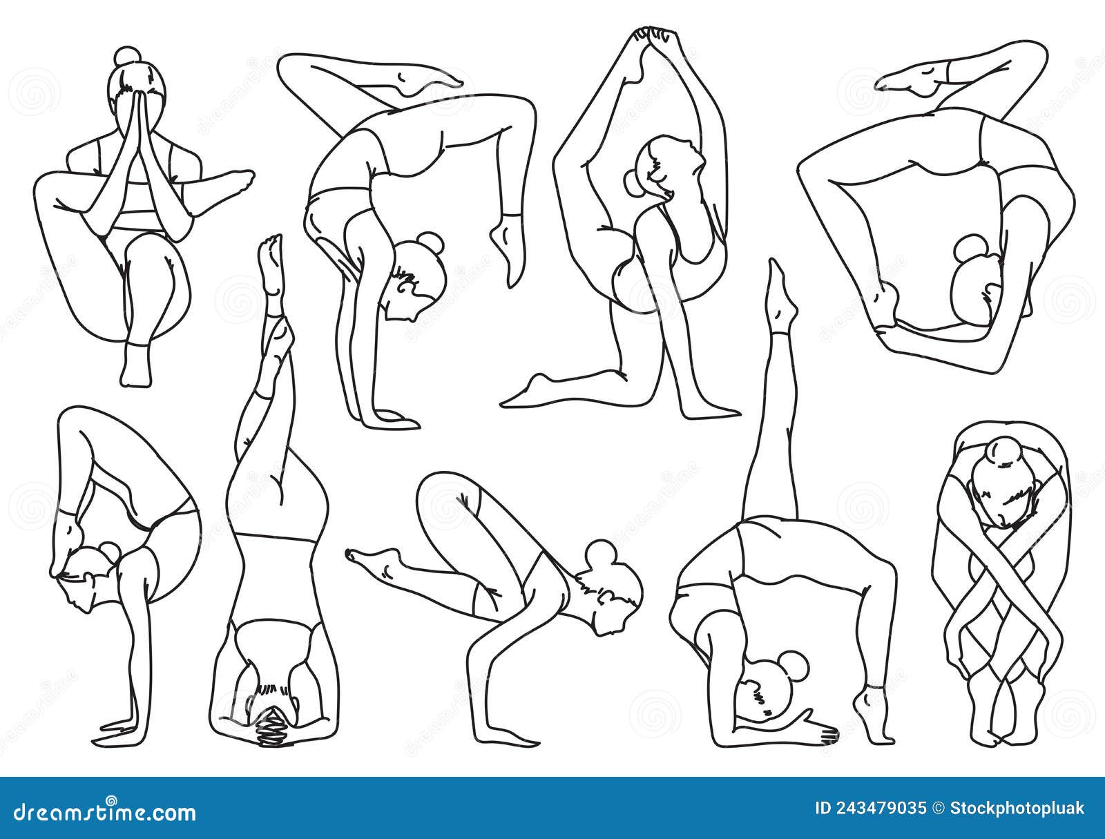 Silhouettes Girl Practicing Yoga Stretching Exercises Hand Drawing and ...