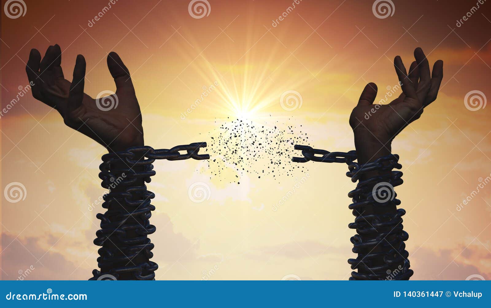 silhouettes of hands are breaking chain. freedom concept.