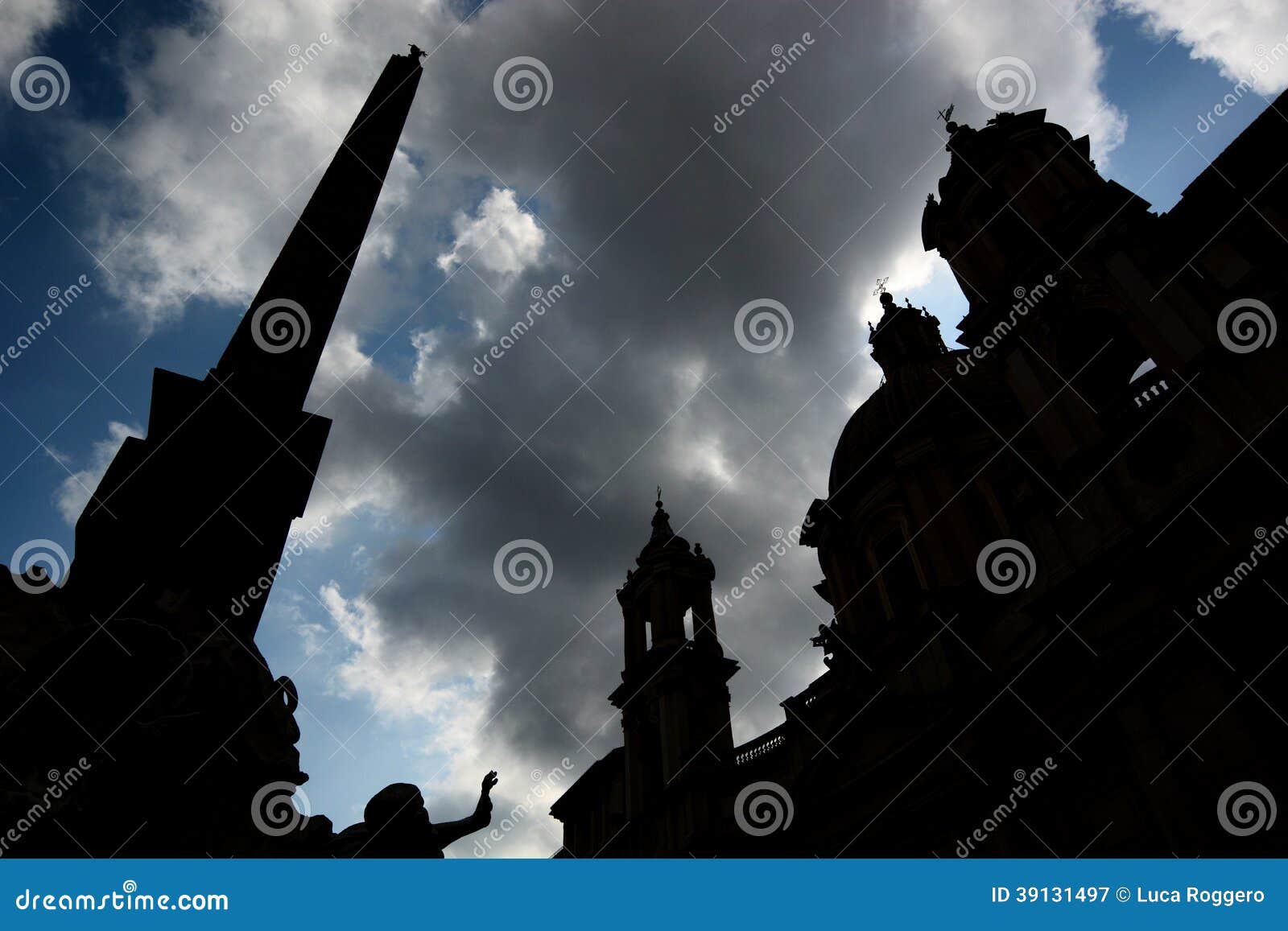 silhouettes of obelisk, fountain and church. piazz