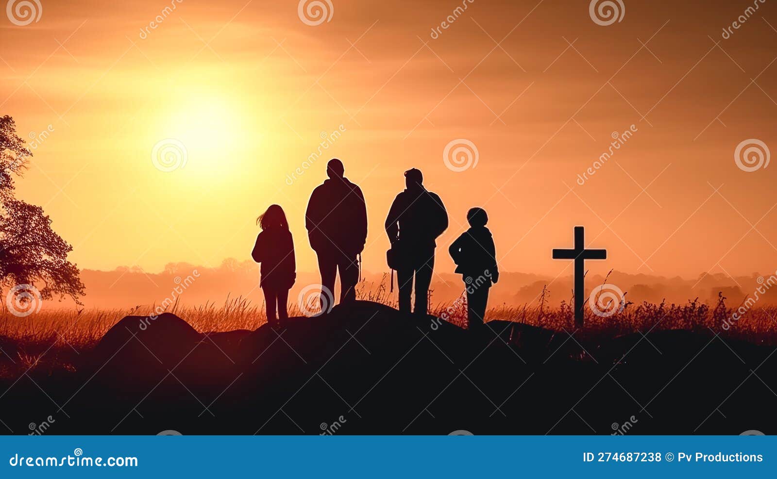 Silhouettes of People at the Cross at Sunset, Generative AI. Stock ...