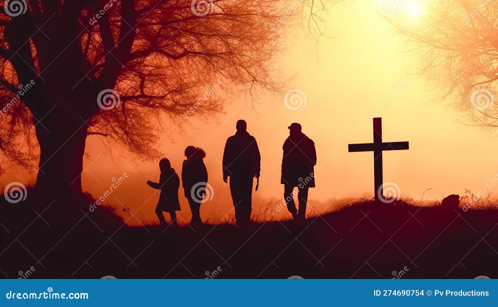 Silhouettes of People at the Cross at Sunset, Generative AI. Stock ...