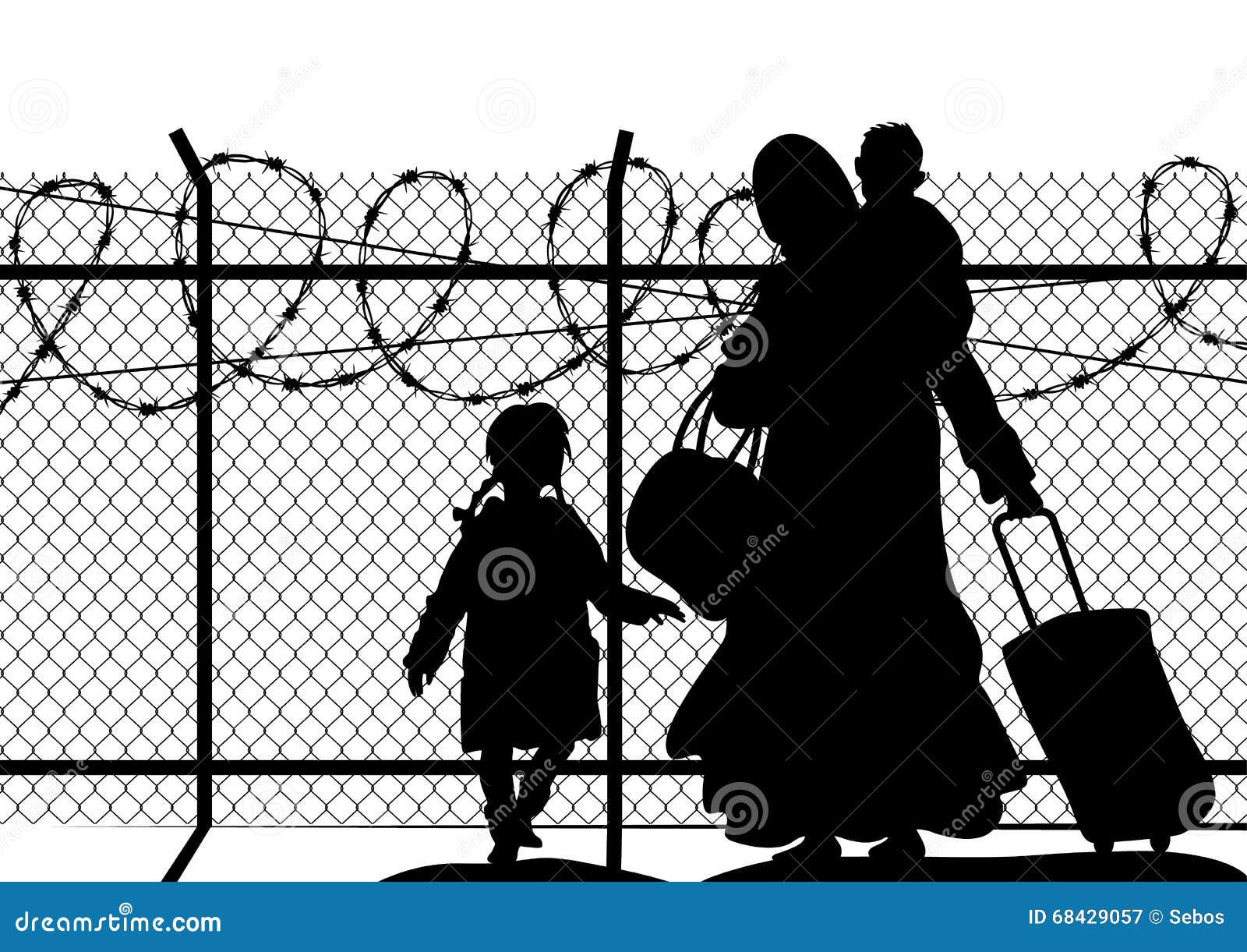 silhouettes of refugee with two children standing at the border. immigration religion and social theme