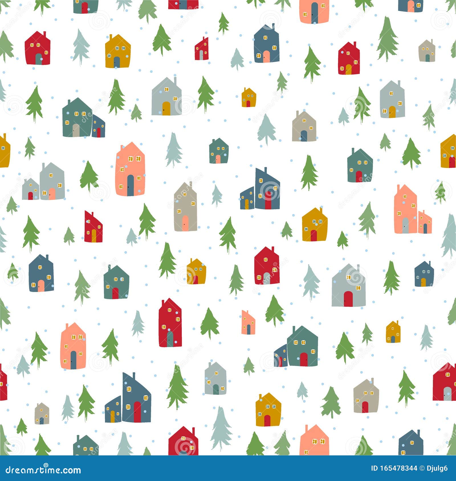 Silhouettes Seamless Pattern with Cute Cabins. Hand Draw House and Pine ...