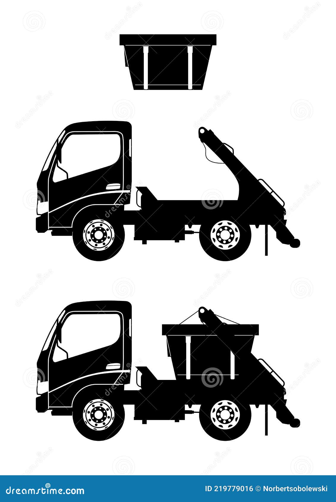 silhouettes of small skip truck.