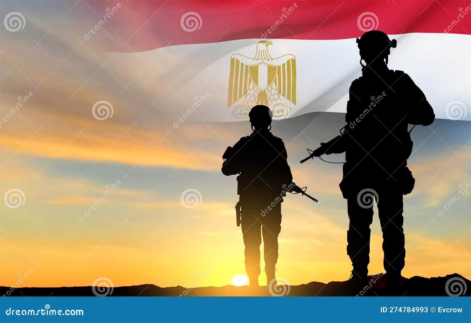 Silhouettes of Soldiers Against the Sunset with Egypt Flag Stock Vector ...