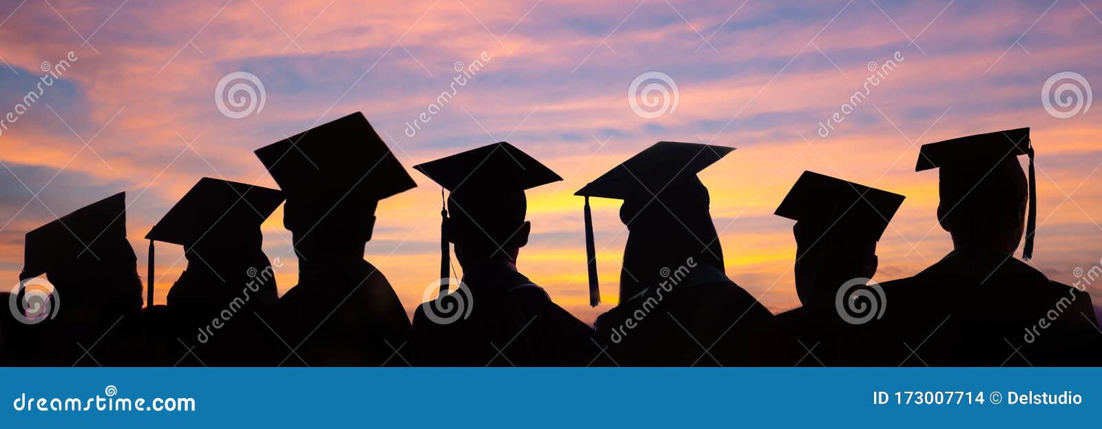 silhouettes of students with graduate caps in a row on sunset background. graduation ceremony web banner