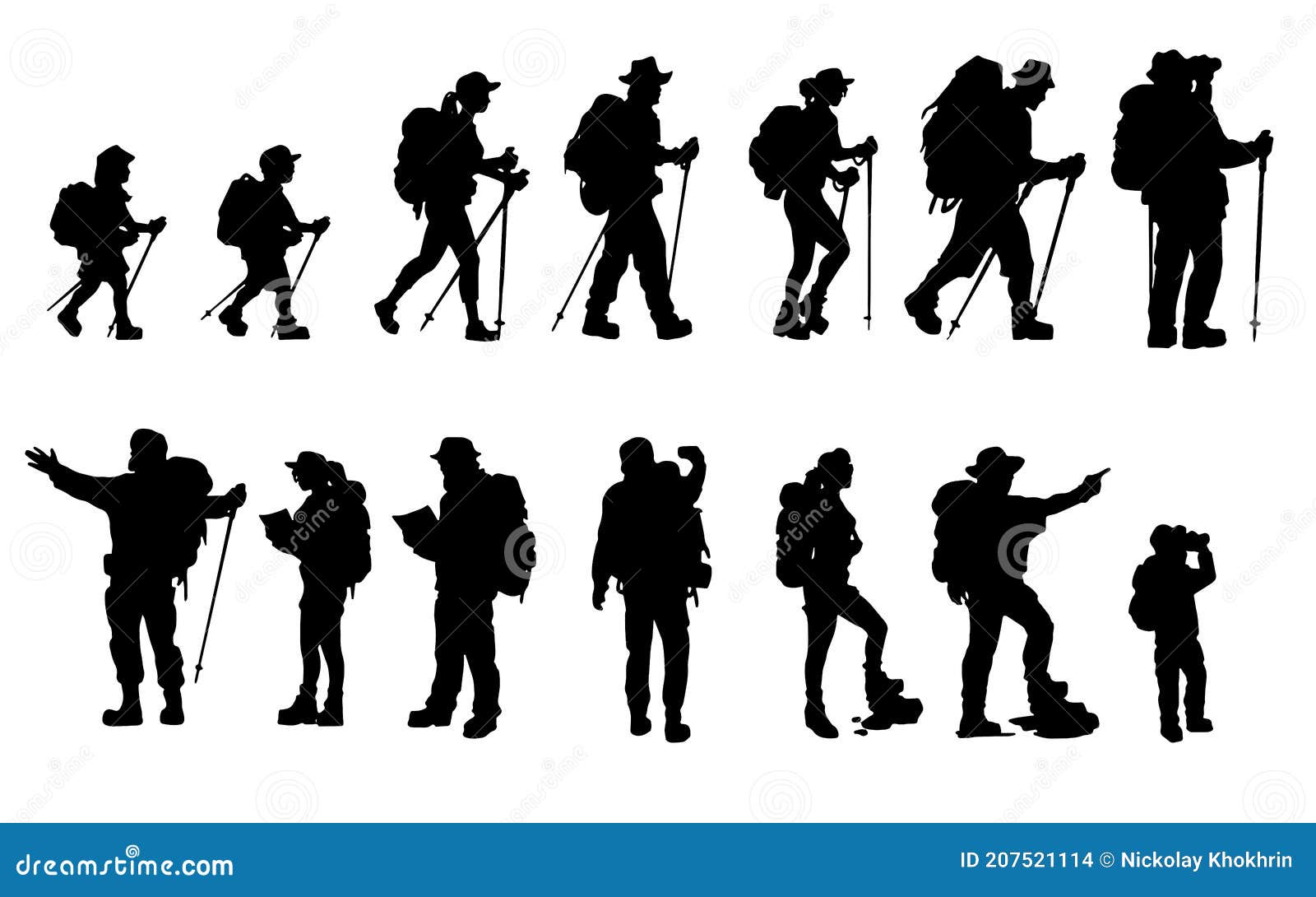 silhouettes of travelers with backpacks set. hiking, trekking, backpacking