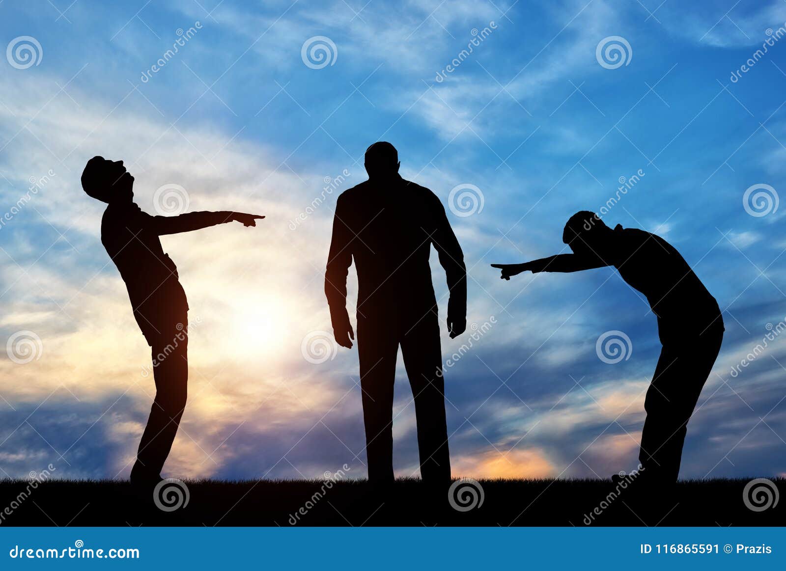 Silhouettes of Two Men Laughing at a Sad Man Pointing a Finger at Him