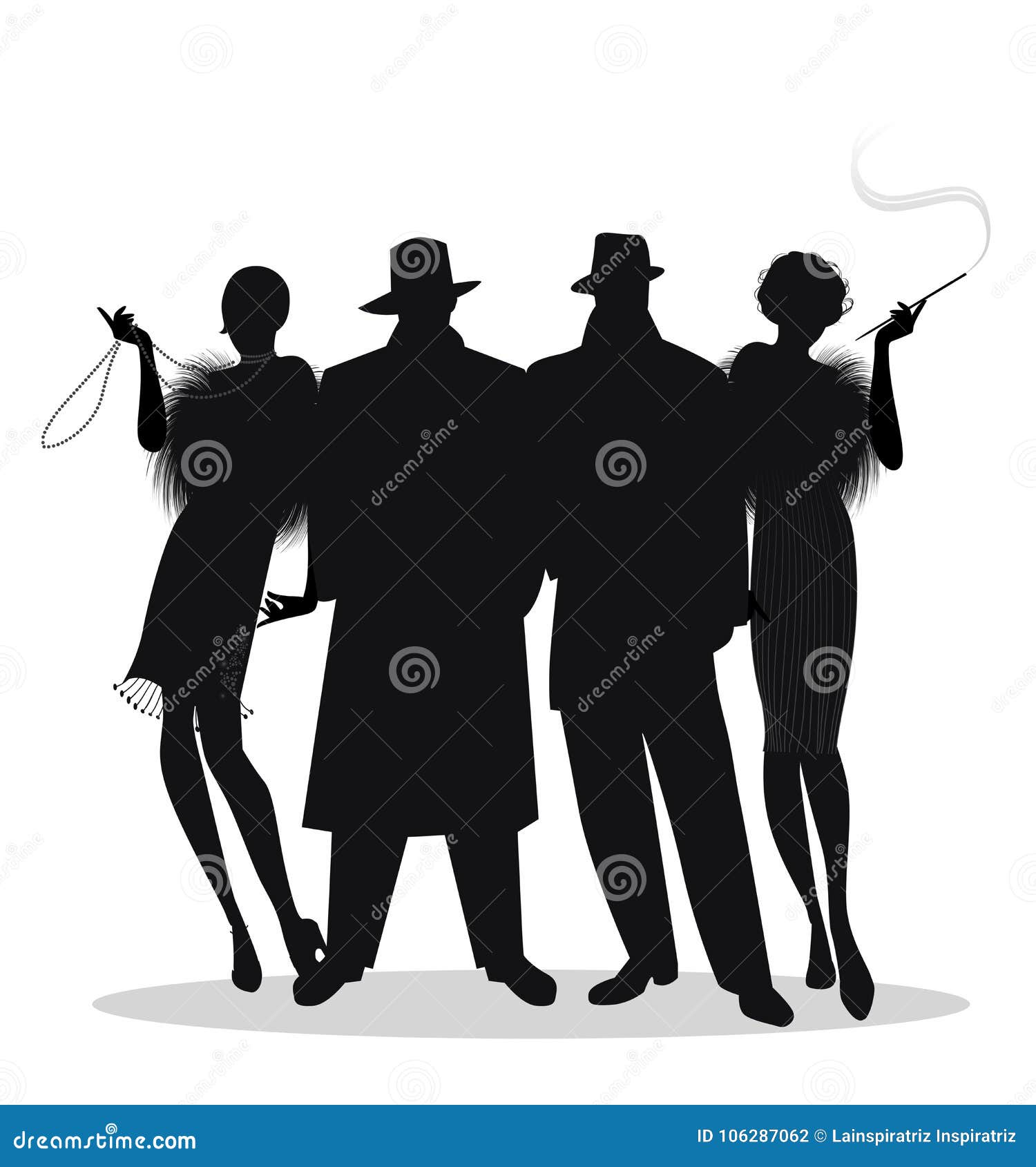 silhouettes of two men and two flapper girls 20s style 
