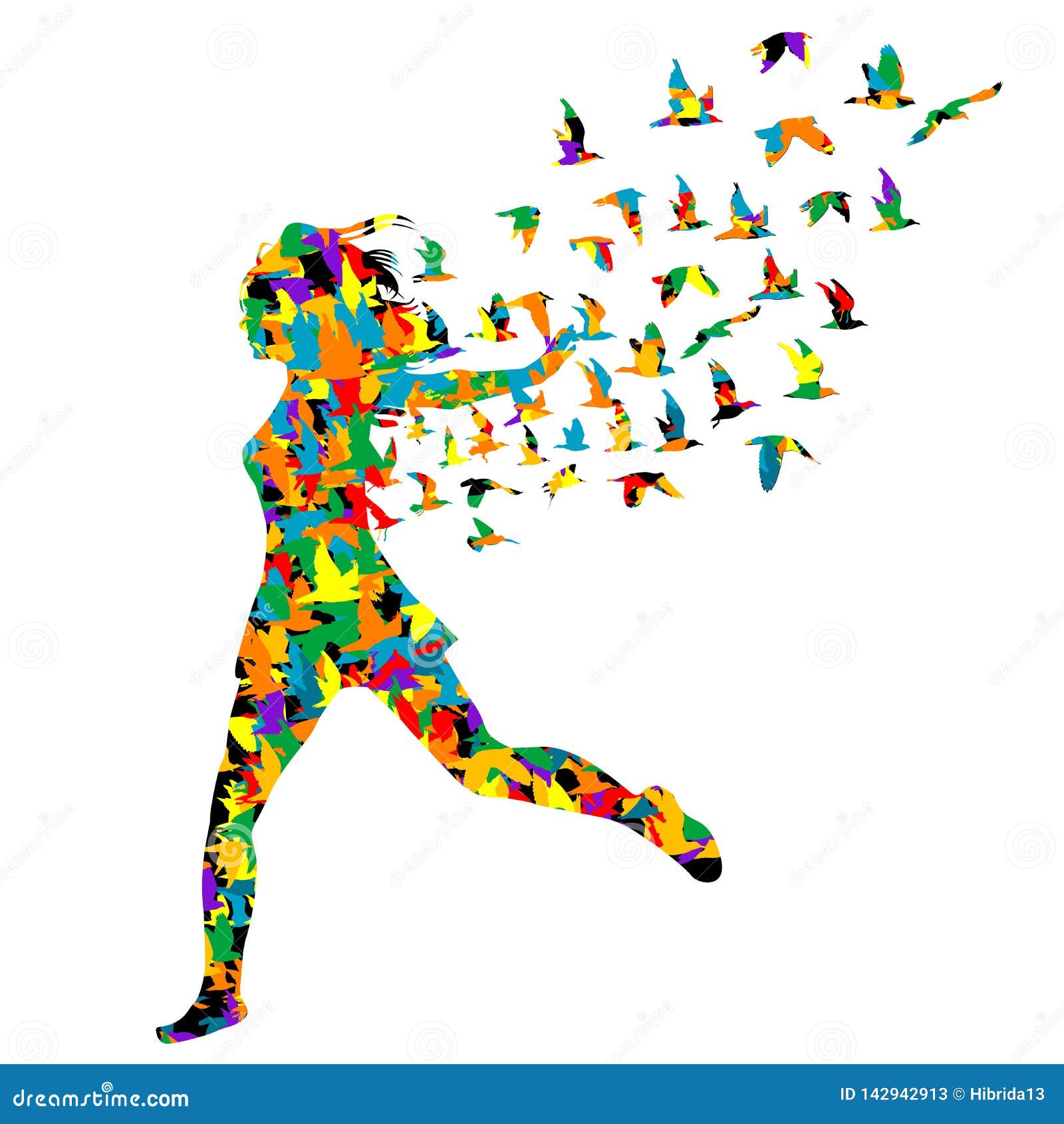 Silhueta colorida da jovem mulher que salta com os pássaros que voam dela