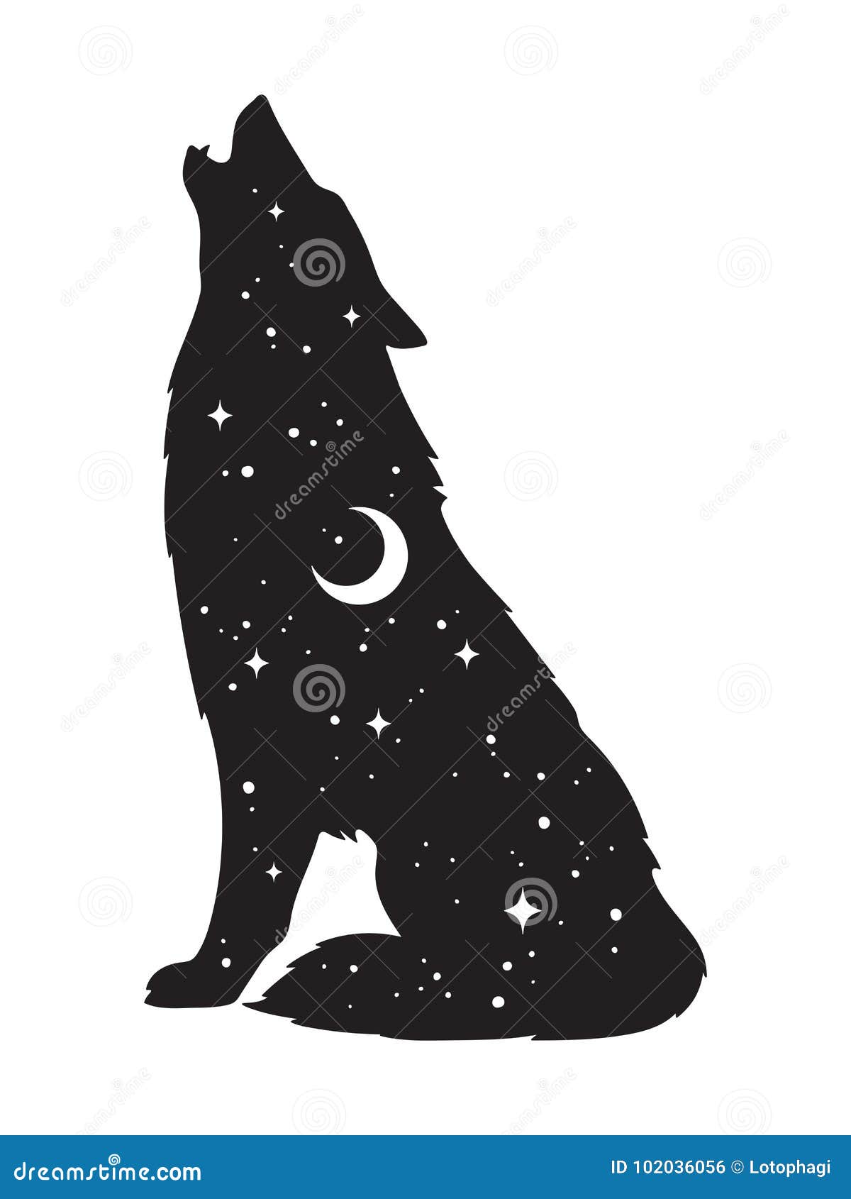 Silhueta do lobo com lua crescente e as estrelas isoladas Ilustração do vetor do projeto da tatuagem da etiqueta, do trabalho do preto, da cópia ou do flash Totem pagão, arte wiccan do espírito familiar