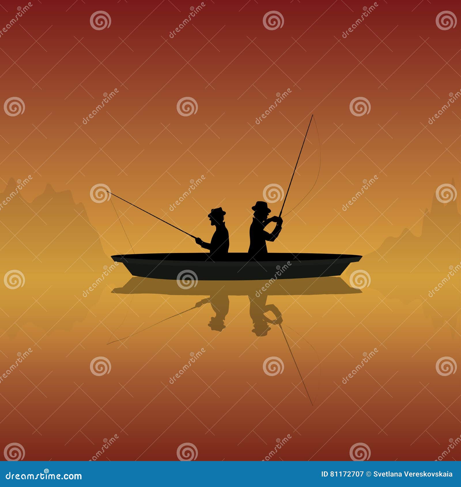 Um barco com varas de pescar e um pôr do sol ao fundo.