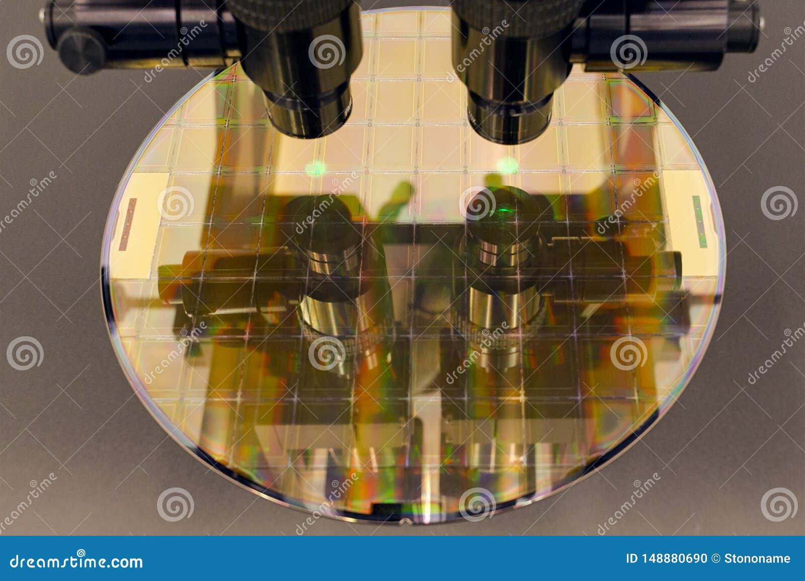 Silicon Wafer On Machine Process Examining In Microscope