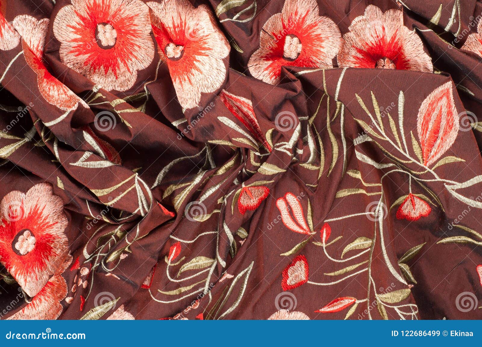 Silk Fabric Texture Dark Brown with Bright Floral Pattern Stock Image ...