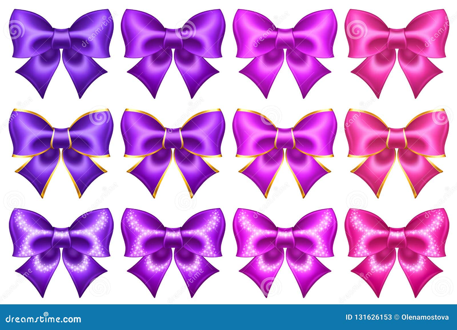 silk ultra violet and pink bows with golden border and glitter