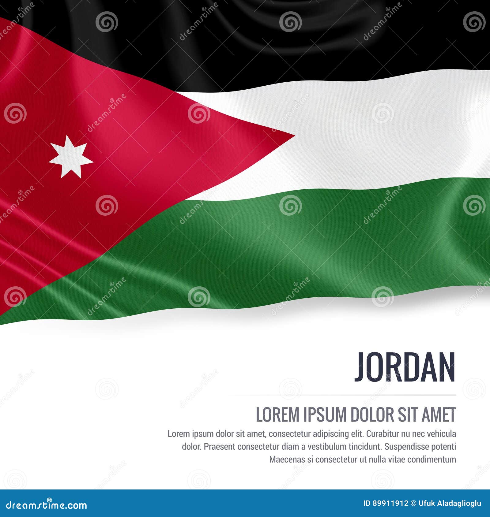 silky flag of jordan waving on an  white background with the white text area for your advert message.