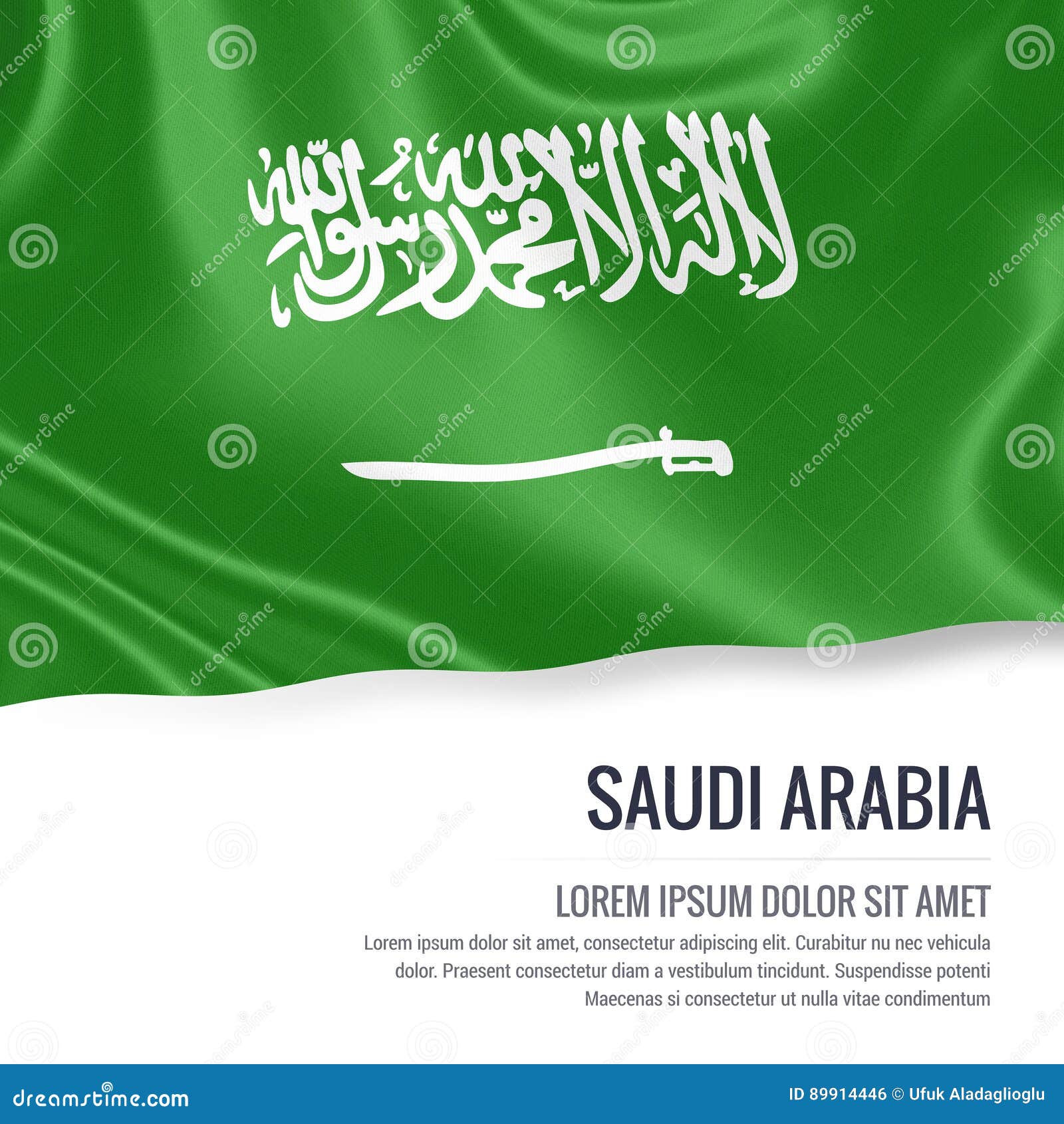 silky flag of saudi arabia waving on an white background with the white text area for your advert message.