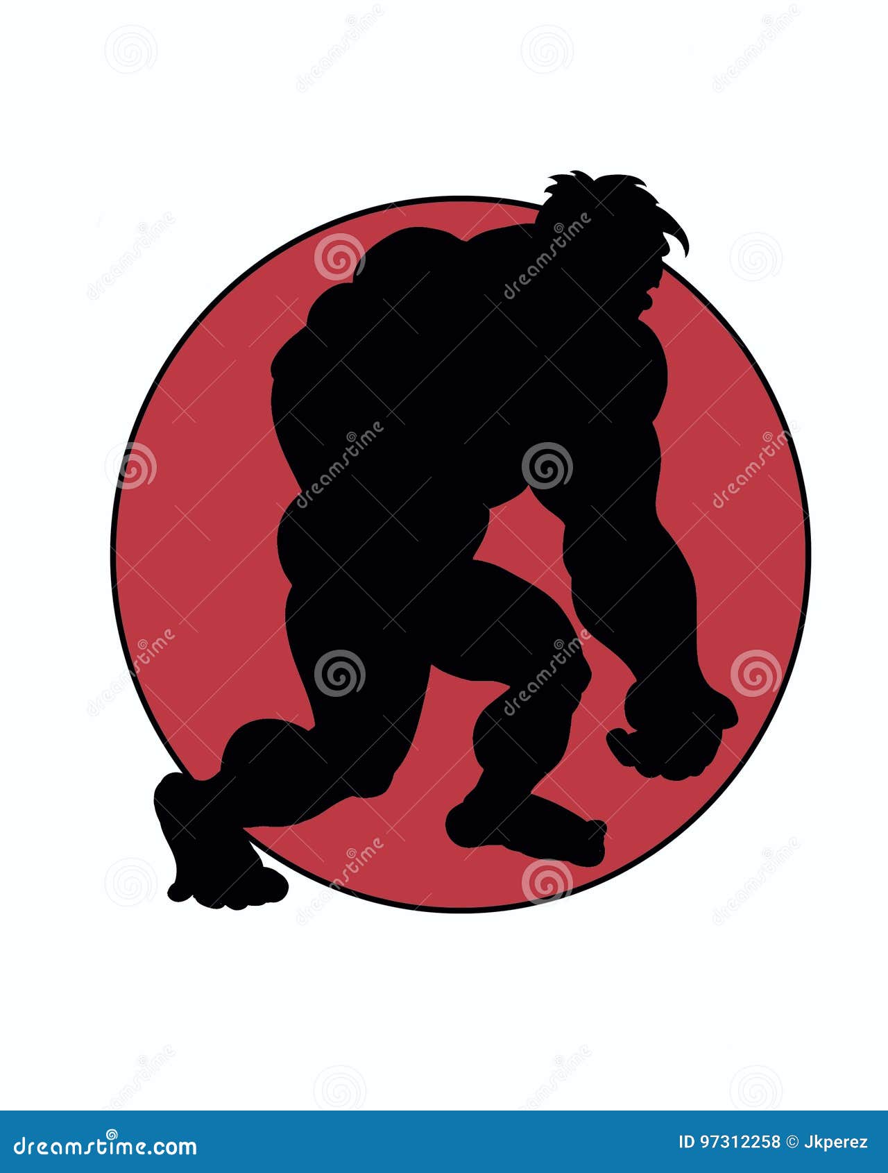 sillouette of a caveman character walking  and a red circle