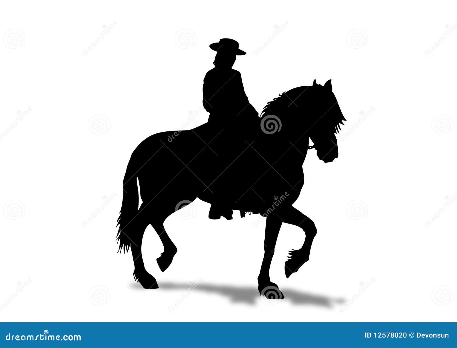 Siluetta del cavaliere del cavallo. Cavaliere del cavallo con il cappello in una posizione prancing con ombra