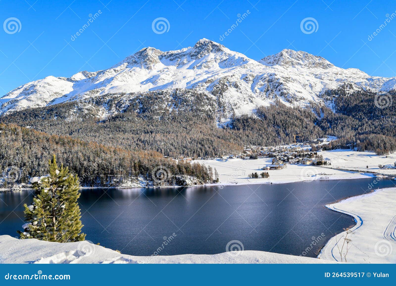 silvaplana lake in winter from high view to piz corvatsch