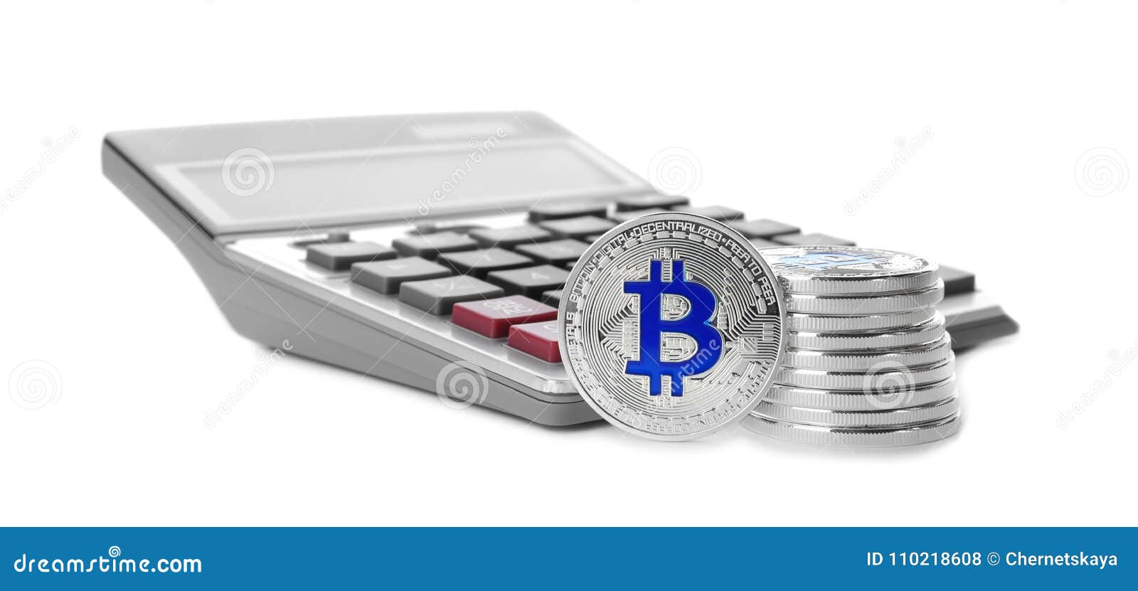 Silver Bitcoins With Calculator Stock Photo - Image of balance, bitcoins: 110218608
