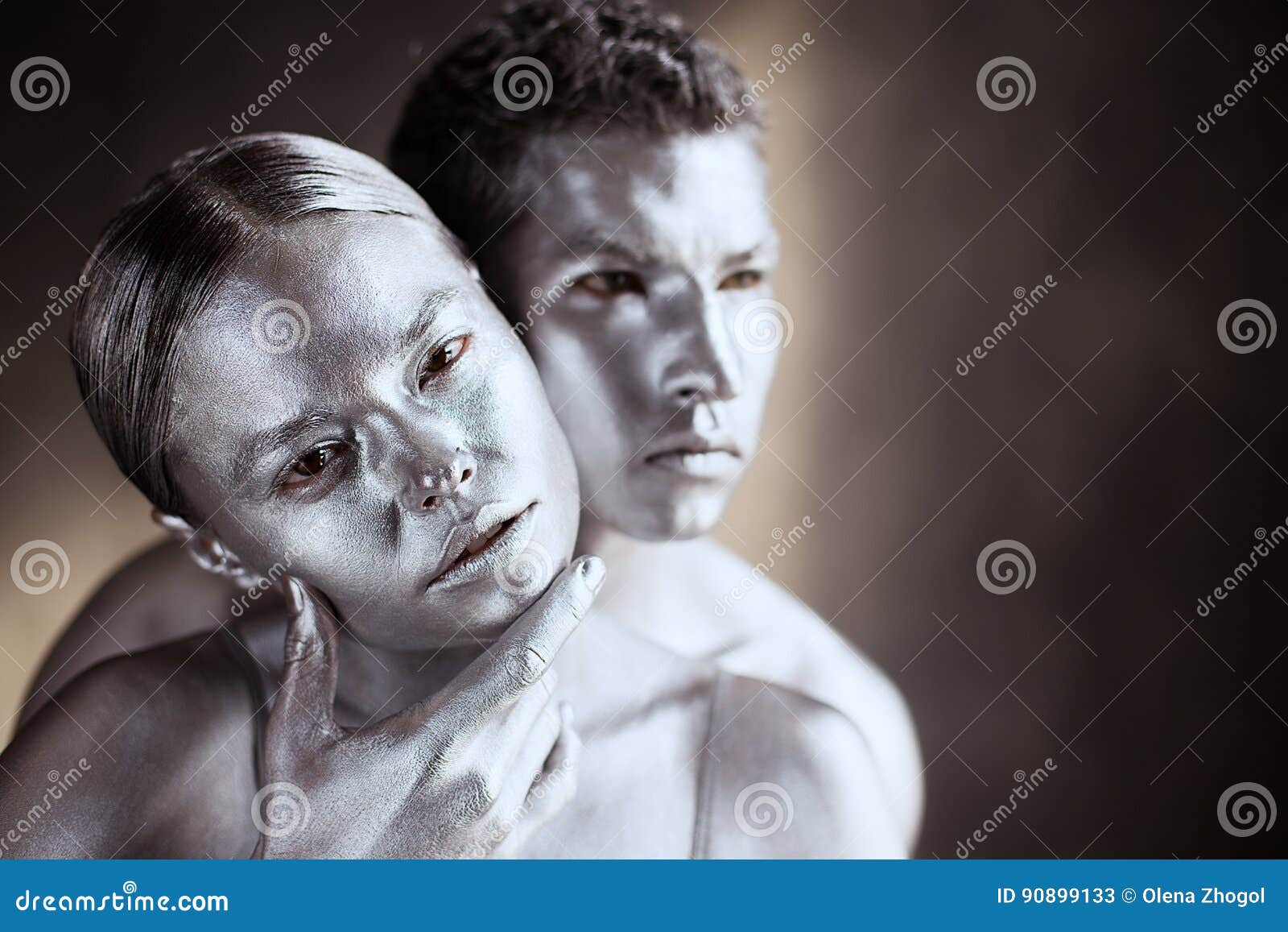 Silver body art couple stock image. Image of people, face 90899133