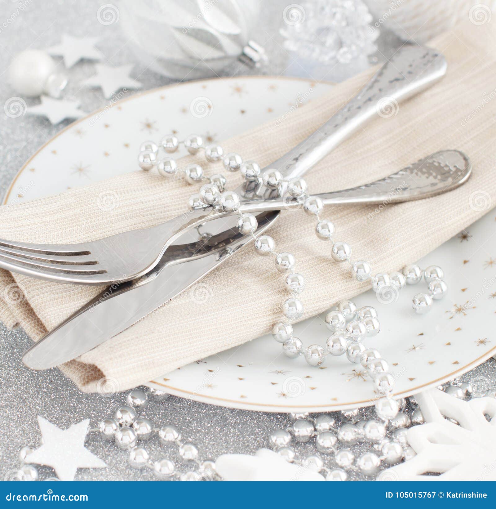 Silver Christmas Table Setting Stock Image Image of bauble, knife